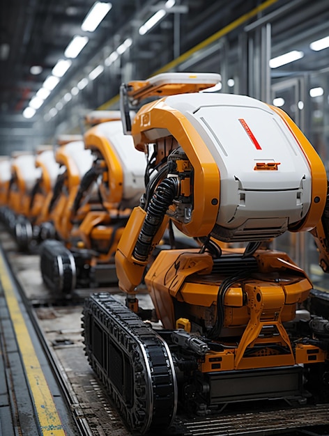 Фото Роботы выстроены на фабрике с желтой линией генеративной ай
