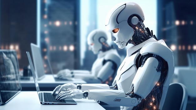 Роботы сидят за столом с ноутбуками и компьютерами генеративного искусственного интеллекта