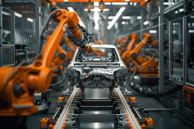 Foto i robot sono usati nella moderna produzione automobilistica per assemblare veicoli su catene di assemblaggio ad alta tecnologia