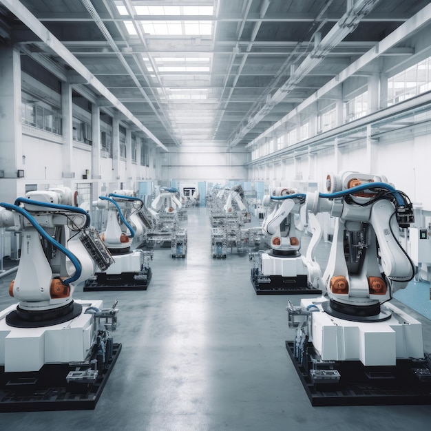 Robots automatiseringsrobots in fabriek en verlichting