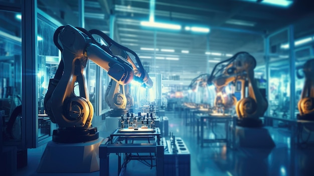 Robots in a factory with a blue background