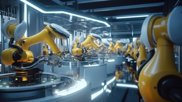 Robots in a factory with lights on