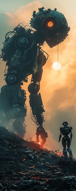 Robots futuristic armor robotic workers repairing a scorched Earth from failed solar shield 3D render Silhouette lighting Vignette