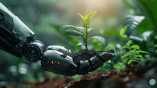 温室栽培用の緑の芽の苗を握るロボットの手 地球を救う人工知能 生成人工知能