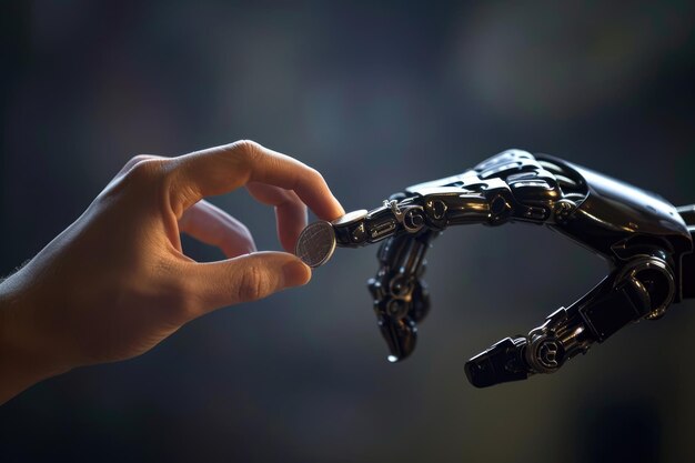 Robots and humans shake hands and exchange words deep machine learning with artificial intelligence technology ai generative