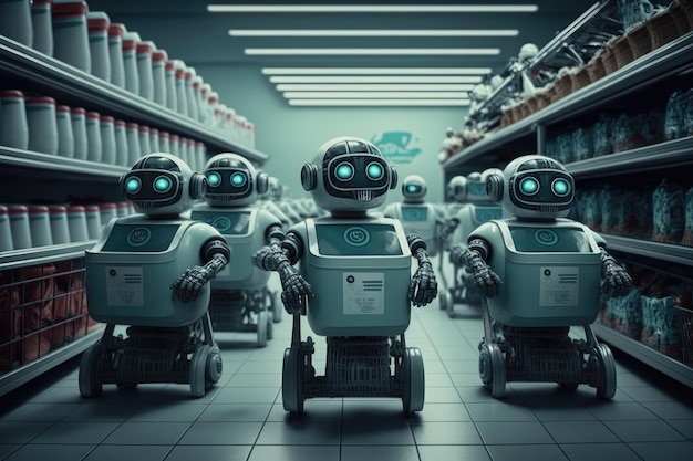 Robots in een futuristische supermarkt met robotarmen die de schappen vullen en een mensachtige robot die klanten helpt bij een kassa Generatieve AI