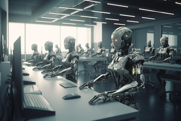 Foto robots in een klaslokaal waarvan er één naar een laptop kijkt