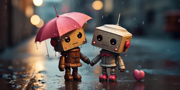 雨の中のサイバースペースの都市で恋に落ちたロボット ジェネレーティブAI