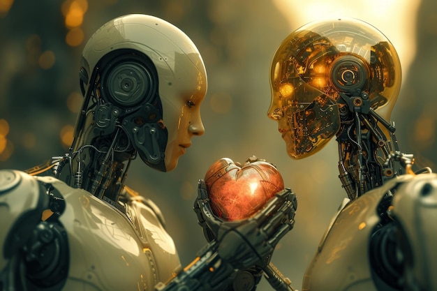 Robots in love A pair of cyborgs stand opposite each other and hold a heart in their hands