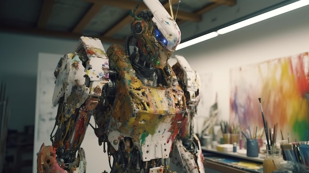 Robots met kunstmatige intelligentie schilderen een schilderij met gekleurde verven die door AI zijn gegenereerd