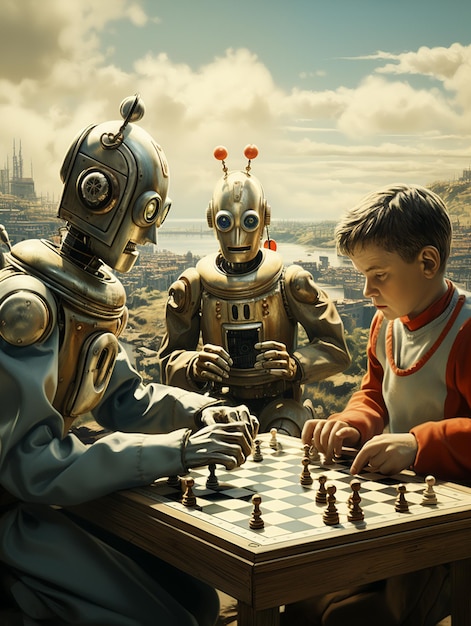 Robots playing chess with a boy and a girl generative ai