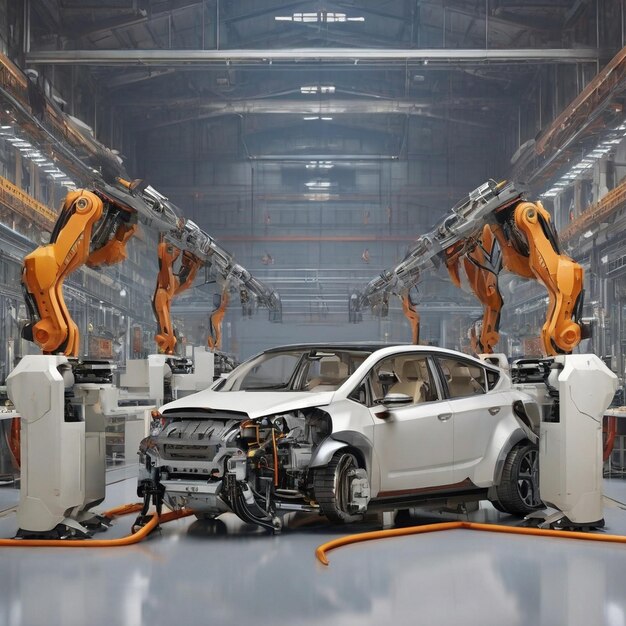 Robots on production line in car factory