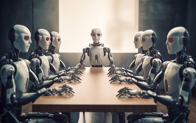 Robots sitting around a table, one of which is called robot.