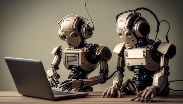Robots sitting in front of laptop