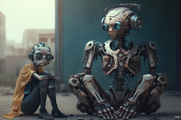 Robots sitting like people small robot and grown up android on street generative ai