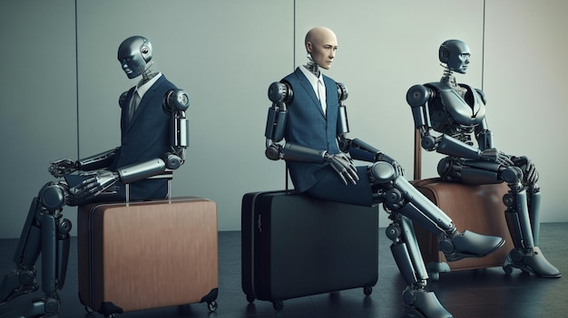 Photo robots sitting in a waiting room job interview generative ai