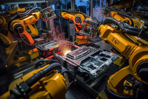 Robots working on a car assembly line