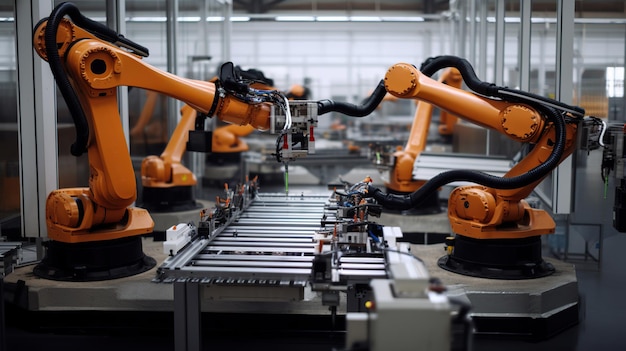 Robots working on a factory floor