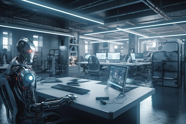 Роботы, работающие в офисе и со многими компьютерами, генерирующими искусственный интеллект