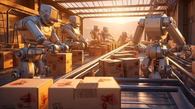 Robots working in a warehouse with boxes of food on the floor.