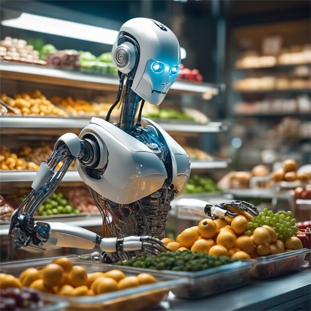 Foto robotverkoper in een fruitwinkel die fruit verkoopt