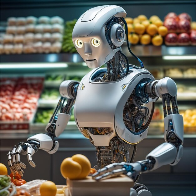 Robotverkoper in een fruitwinkel die fruit verkoopt