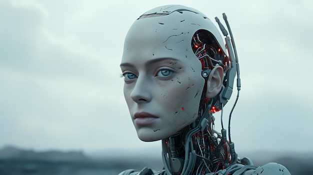 Robotvrouw in witte jurk en futuristische technologie achtergrond