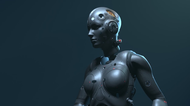 Robotvrouw, scifi-vrouw digitale wereld van de toekomst van neurale netwerken en de kunstmatige intelligentie 3d render