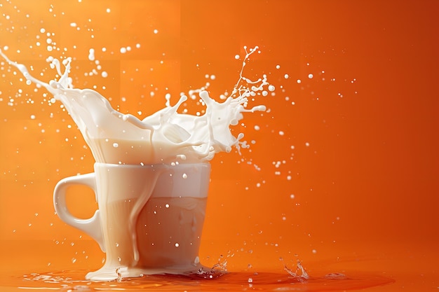 A robust milk light and espresso coffee eruptive event on a striking orange backdrop Generative AI