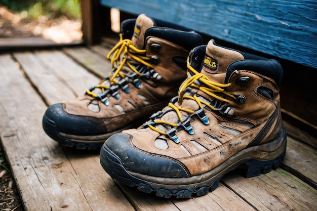 Foto robuuste wandelschoen op een houten dek