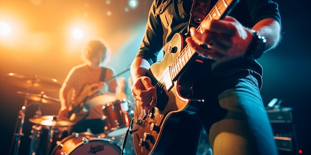 Foto una rock band si esibisce sul palco chitarrista basso e batteria primo piano