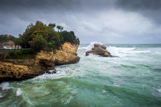 Rock of Basta during a storm City of Biarritz France