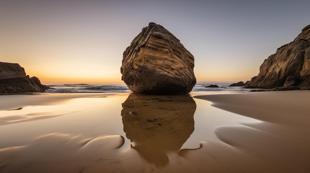 A rock on the beach at sunset