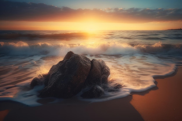 A rock on a beach with the sun setting behind it