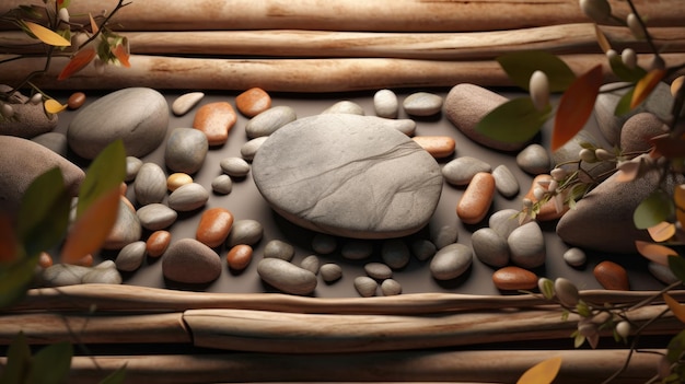 A rock on a bed of rocks with a rose on it