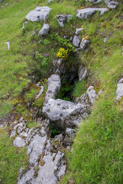 The rock break in the mountains formed after the earthquake