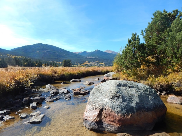 Rock by stream against sky