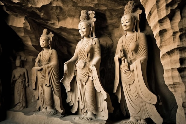 Вырезанные из камня статуи Будды в гротах Юньган, одном из самых известных древних буддийских скульптурных памятников в Китае и объекте всемирного наследия, созданном с помощью генеративного ИИ.
