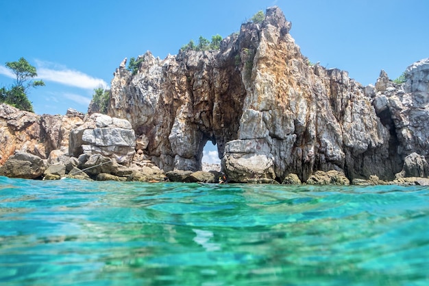 Mare smeraldo dell'isola della scogliera della roccia