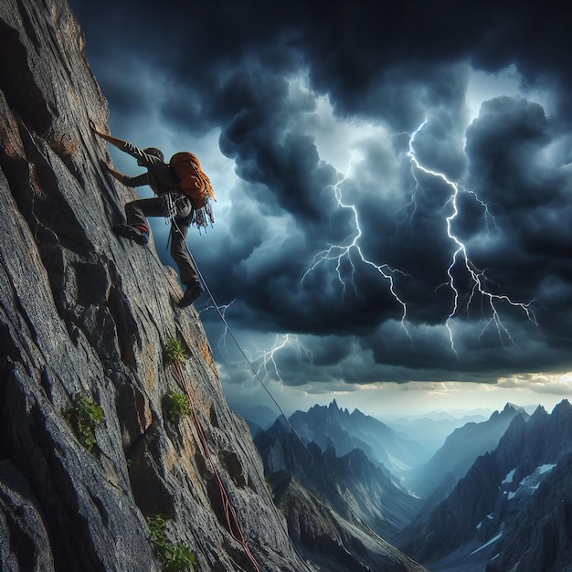 Rock climber climbing on a mountain wall