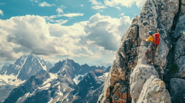 A rock climber reaching the summit of a challenging peak conquering the climb