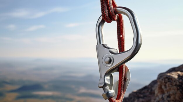 Photo rock climber secured with carabiner