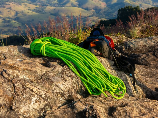 Rock climbing equipments on summit of mountain