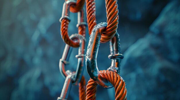 Rock climbing ropes and carabiners suspended 3d style isolated flying objects memphis style 3d render AI generated illustration