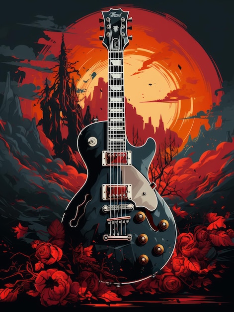 Rock concert poster design vector style image black and red colors guitar