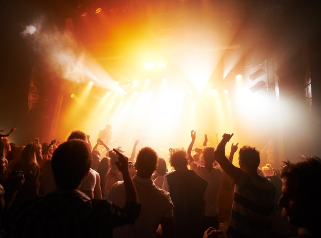 Foto i fan del rock si uniscono. vista posteriore di una folla che esulta a un concerto.