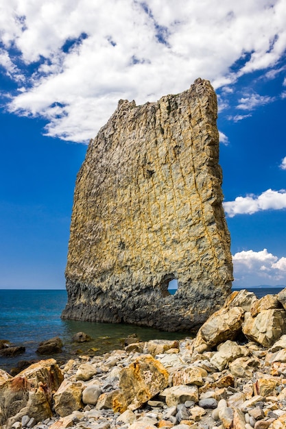 Rock flat in sea in water on rocky coast seascape on clear day vertical frame