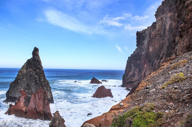 Rock formation on beach against sky