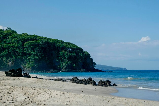 Photo rock formation on beach with mountain behinnd