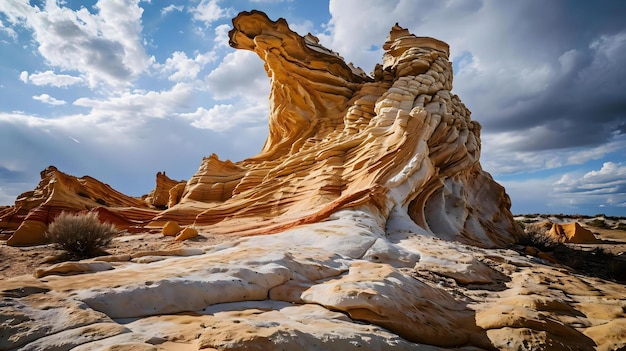 雲の空の下の砂漠の岩の形成